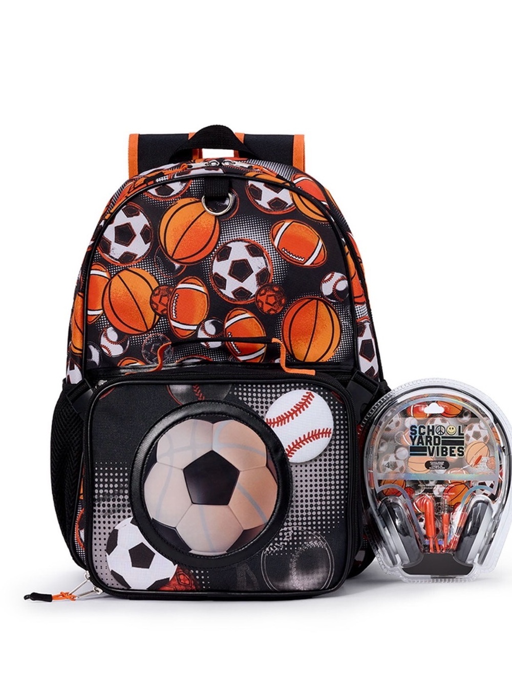 Youth Sports Ball Print Backpack with Headphones - Orange Black